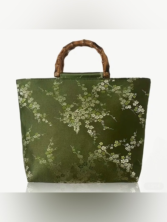 Handbags - Elegant Green Floral Satin Tote with Bamboo Handle